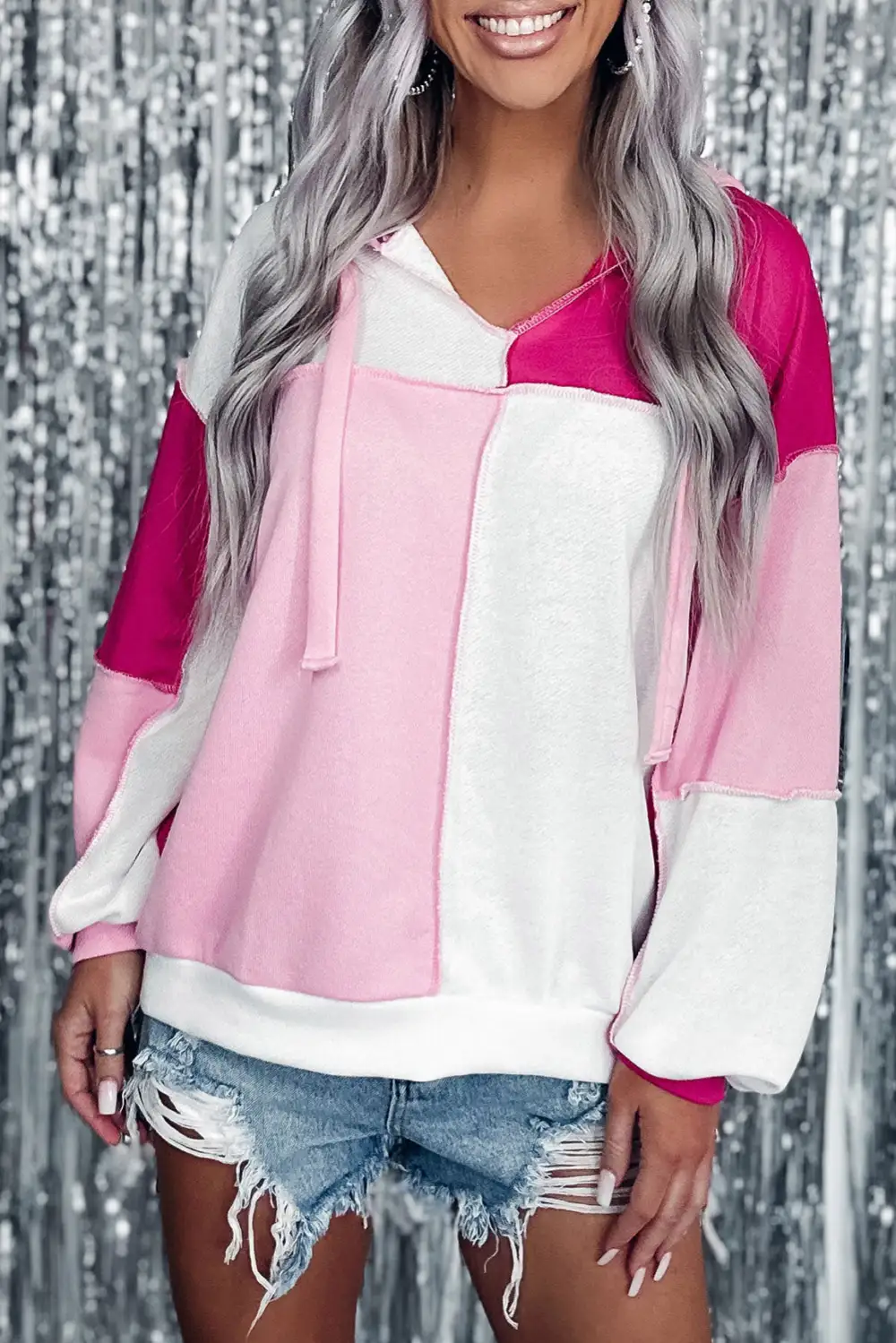 Color Block Exposed Seam Loose Sleeve Hoodie