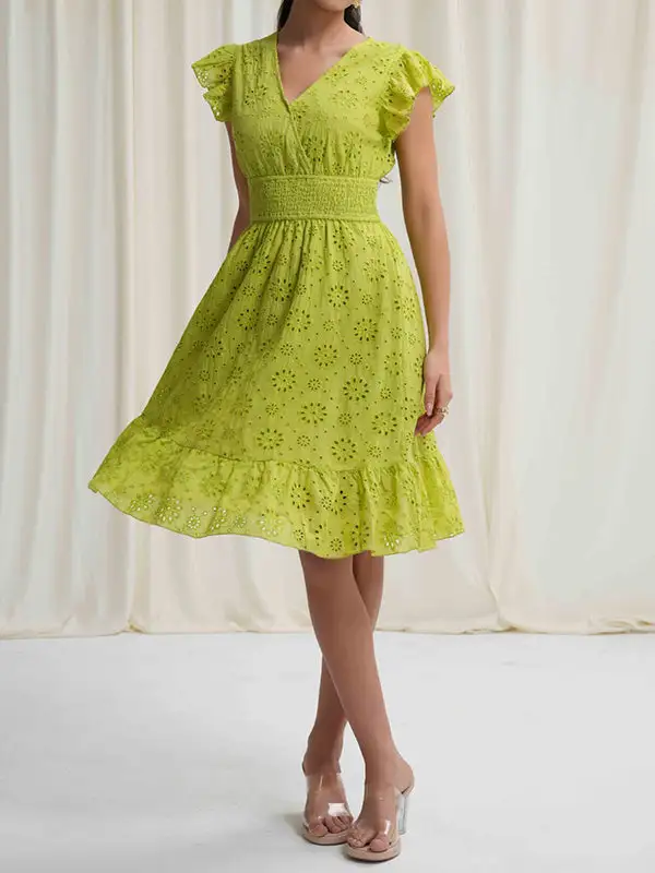 A Line Relaxed Elasticity Hollow Pleated Solid Color V Neck Mini