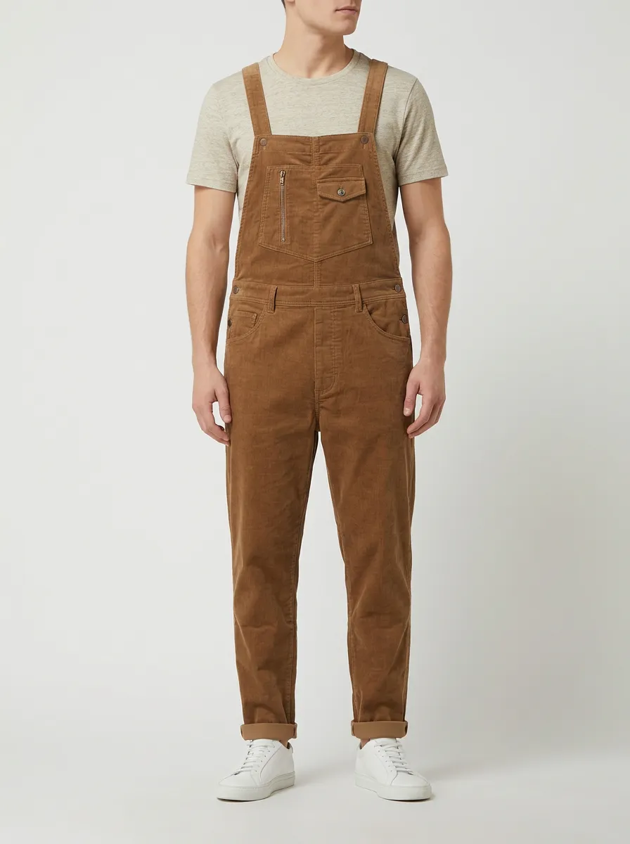 Men's Casual Brown Corduroy Multi-Pocket Bib Overalls