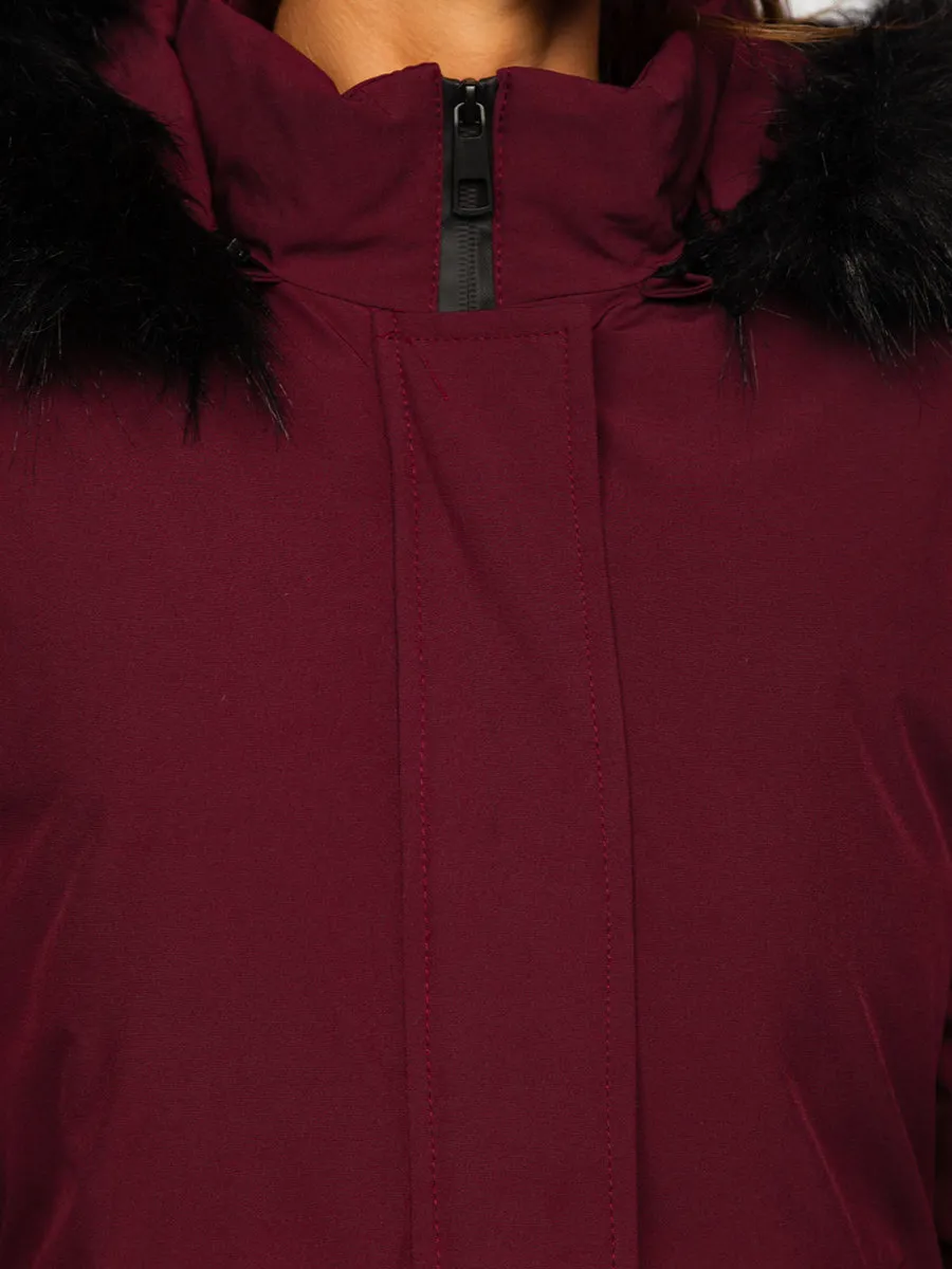 Wine Women's Quilted Winter Jacket With Hood