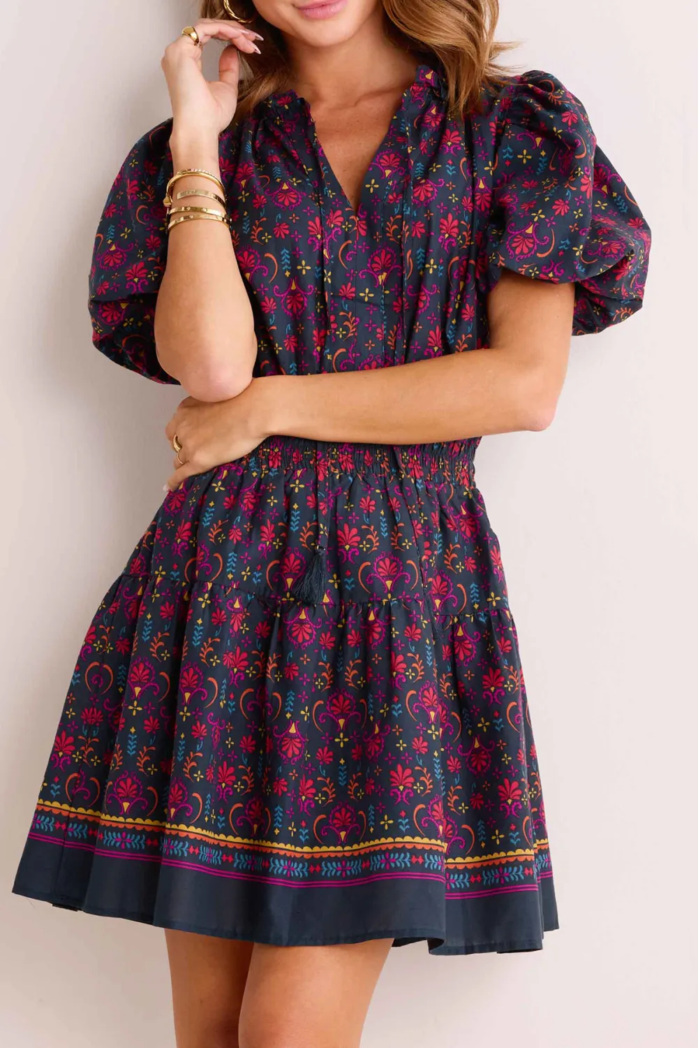 Navy Floral Print Puff Sleeve Tie-Waist Dress