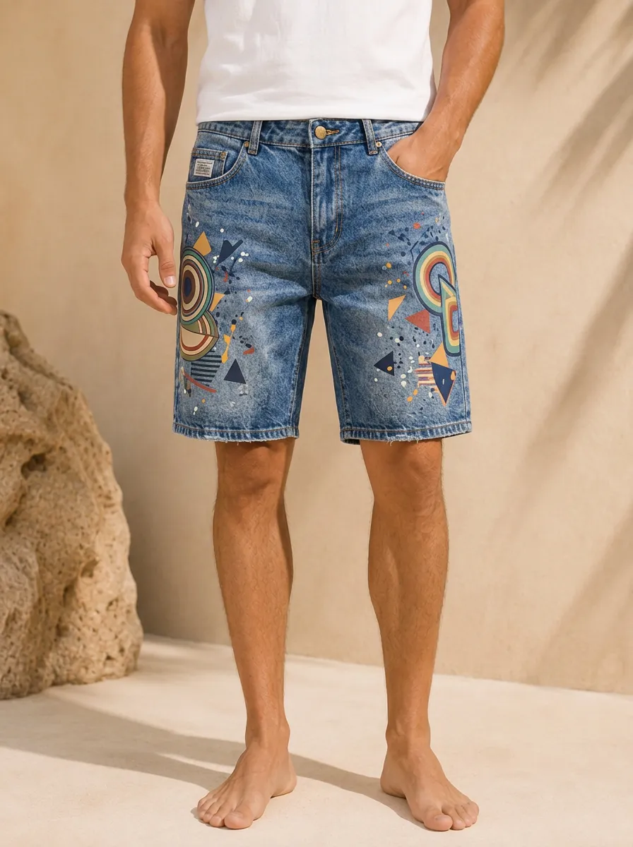 Men's Retro Geometric Abstract Printed Denim Shorts