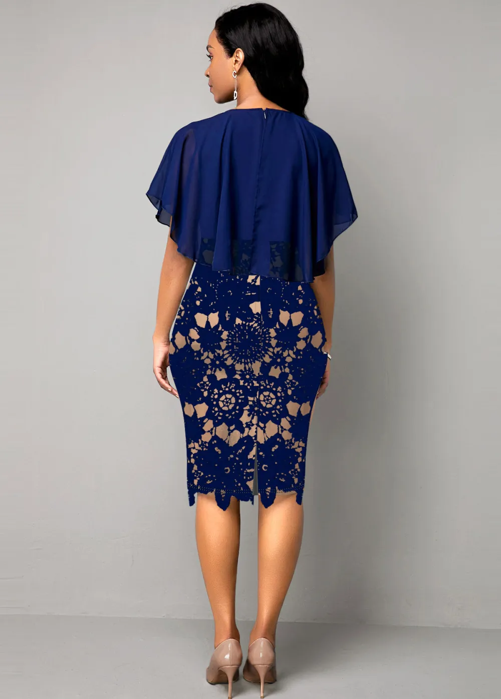 Navy Blue Lace Panel Cape Sleeve Dress