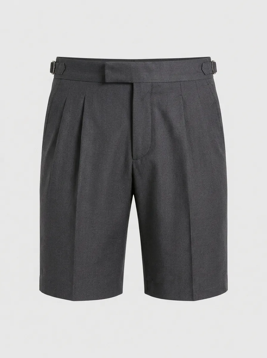 Men's Grey Pleated Side-Buckle Tailored Shorts