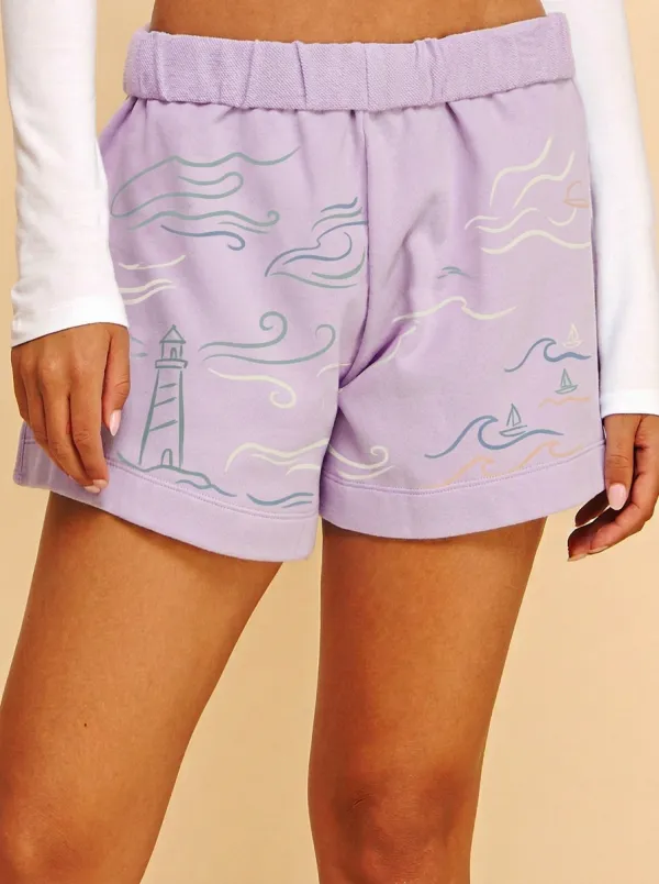 Women's Coastal Nautical Lighthouse Waves Printed Shorts