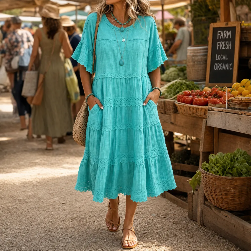 Tiered Lace Trim Pocket Midi Dress