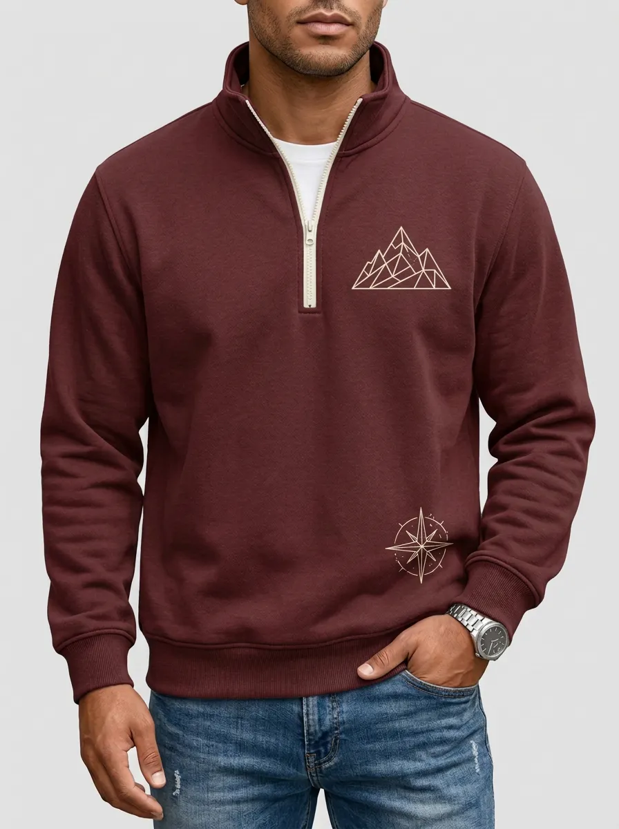 Men's Outdoor Geometric Mountain Compass Graphic Quarter-Zip-Neck Sweatshirt