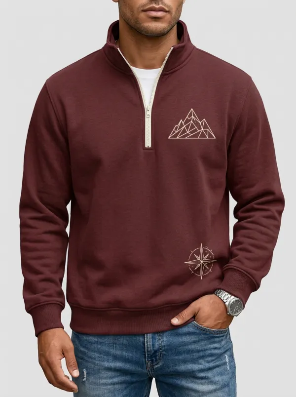 Men's Outdoor Geometric Mountain Compass Graphic Quarter-Zip-Neck Sweatshirt