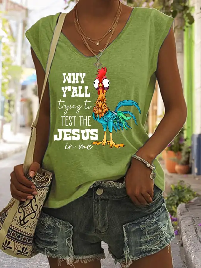 Women's Why Y'all Trying To Test The Jesus In Me Funny Rooster Print Sleeveless T-Shirt
