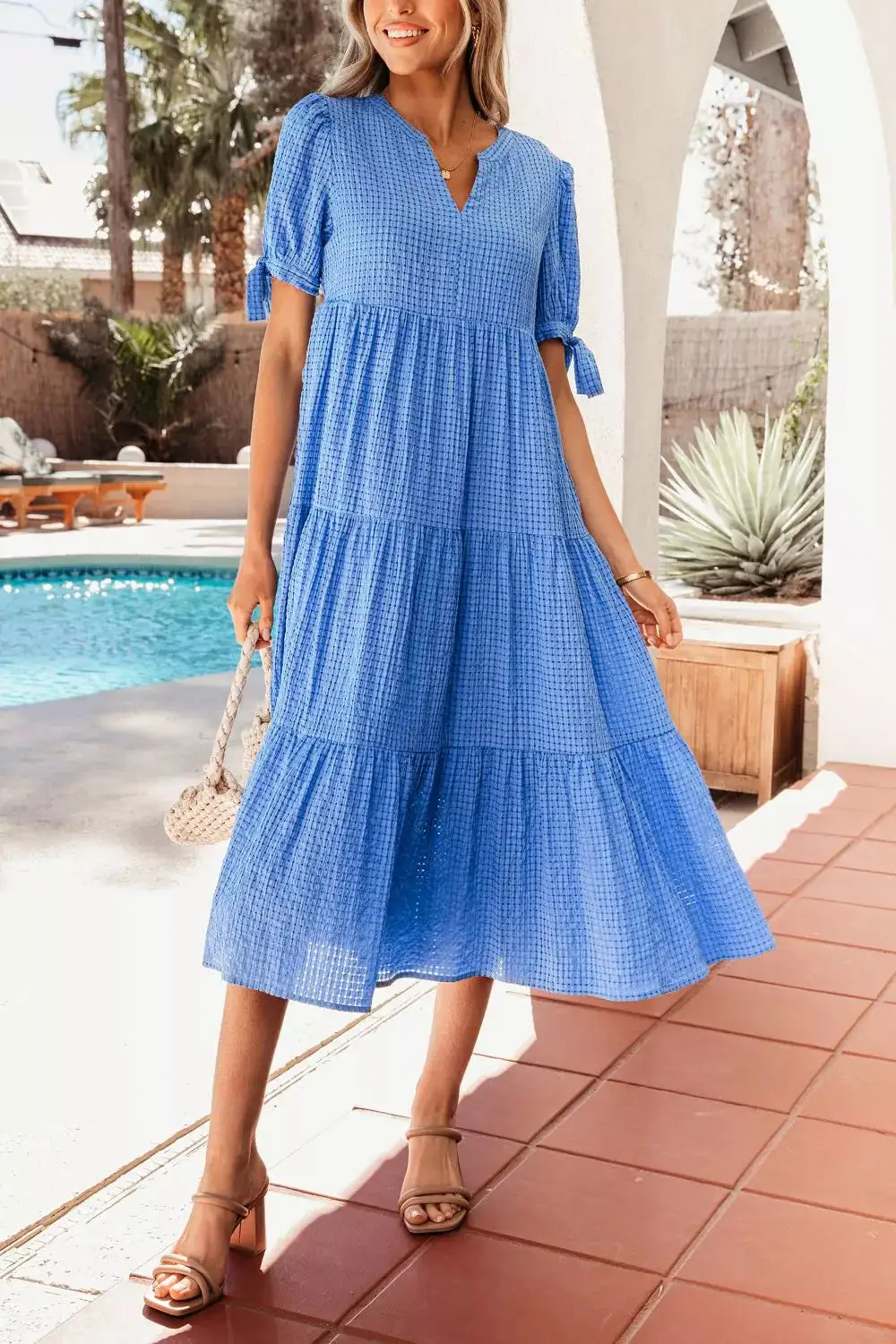 Notched Notched Short Sleeve Tiered Midi Dress