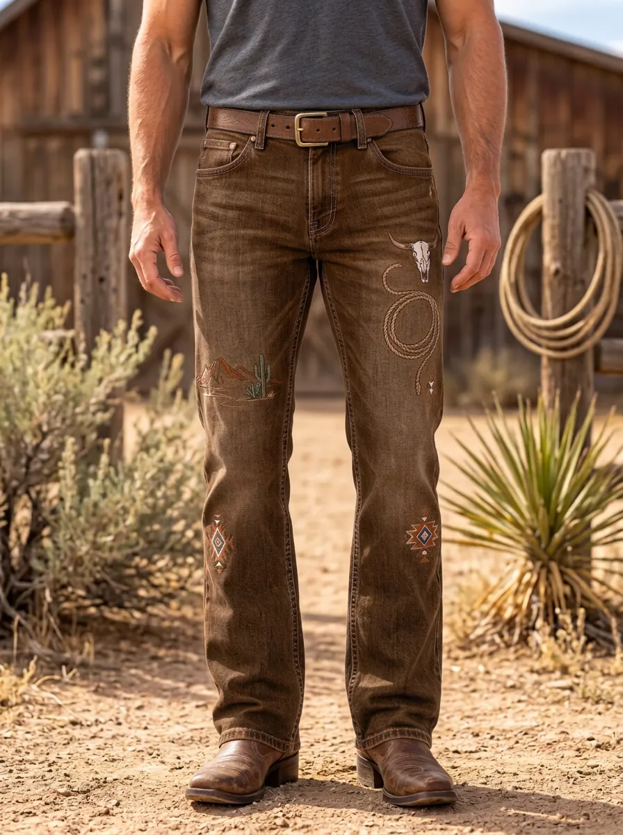 Men's Classic Western Cowboy Lasso Cactus Skull Jeans