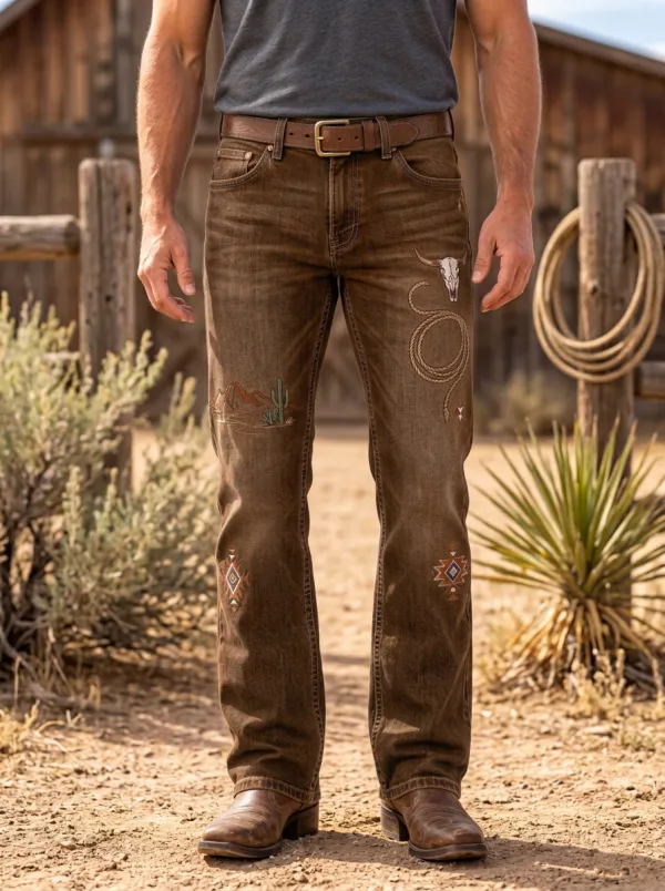Men's Classic Western Cowboy Lasso Cactus Skull Jeans