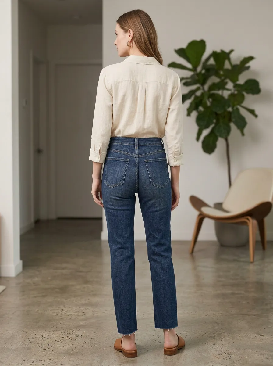Women's High-Rise Raw Hem Dark Wash Denim Jeans