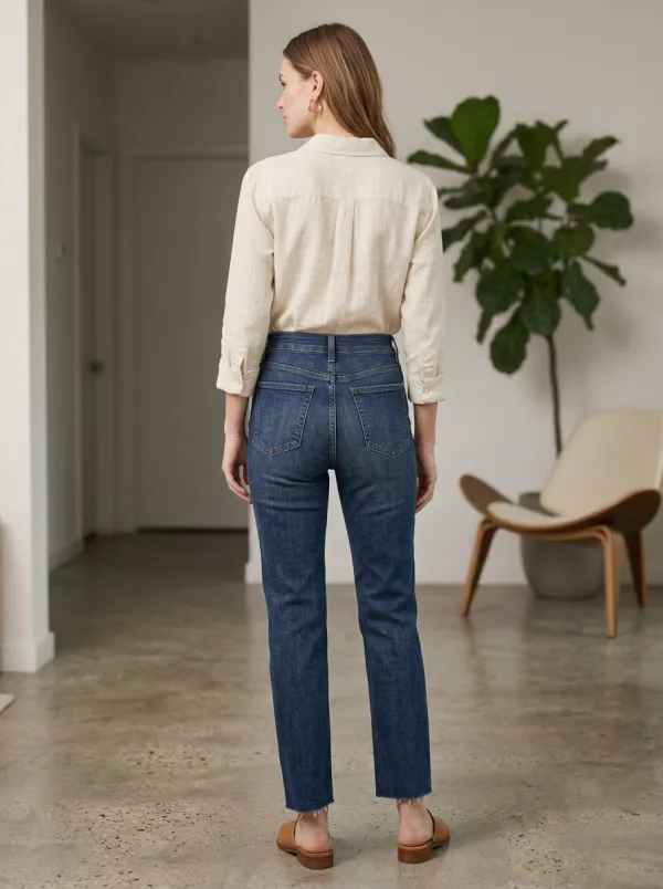 Women's High-Rise Raw Hem Dark Wash Denim Jeans