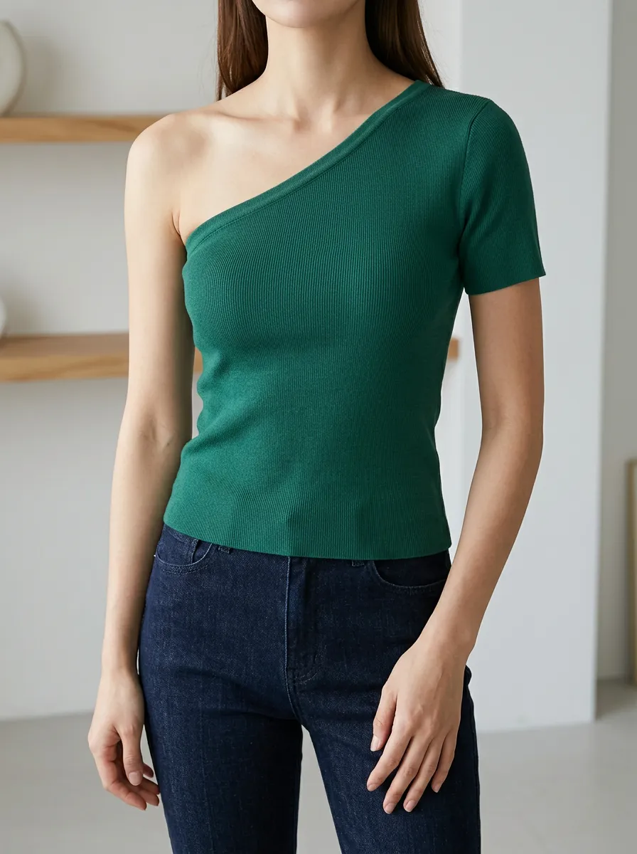 Women's Green Ribbed One Shoulder Short Sleeve Top
