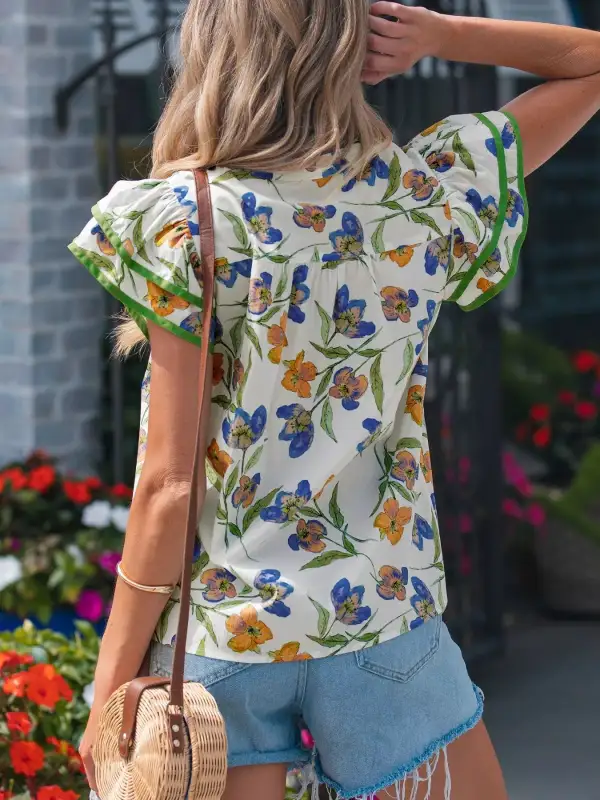 V-Neck Ruffled Floral Blouse