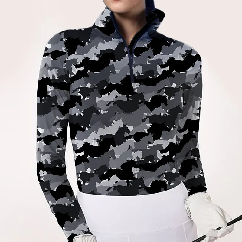 Women's Riding Style Horses Camo Print Long Sleeve Casual Shirt