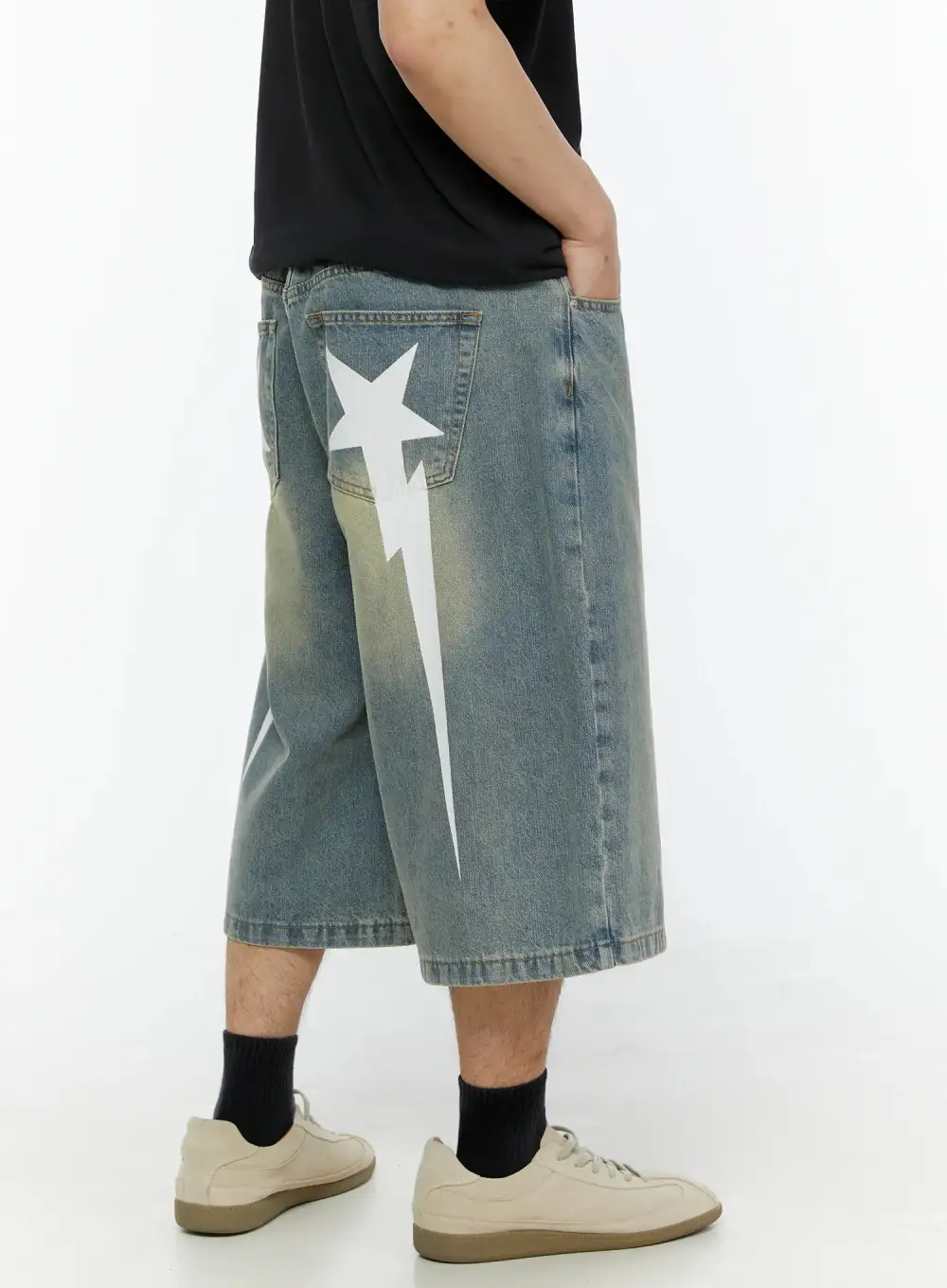 Men's Streetwear Star Bolt Graphic Print Denim Shorts