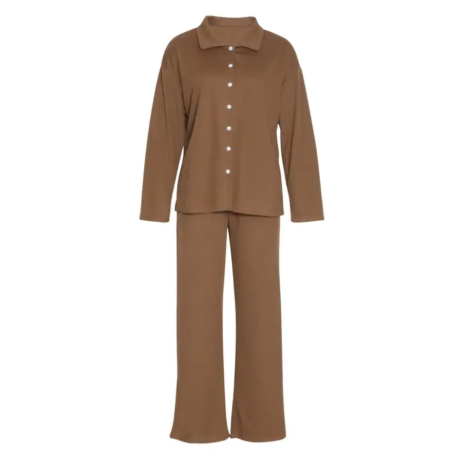 Collared Neck Long Sleeve Top and Drawstring Pants Set