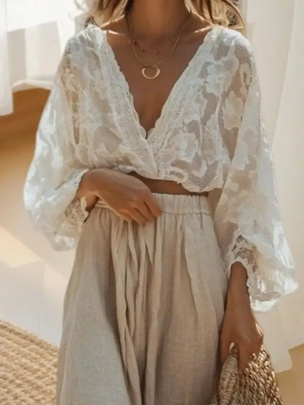 Classic Lace Long Sleeve Top and Skirt Set
