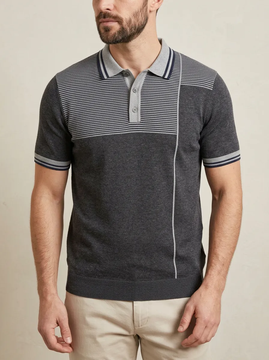 Men's Knit Ribbed Textured Horizontal-Stripe Colorblock Running Graphic Polo Shirt
