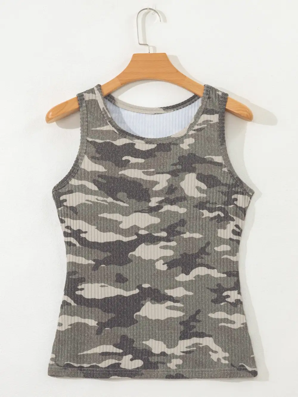 Camouflage Ribbed Knit Round Neck Tank Top