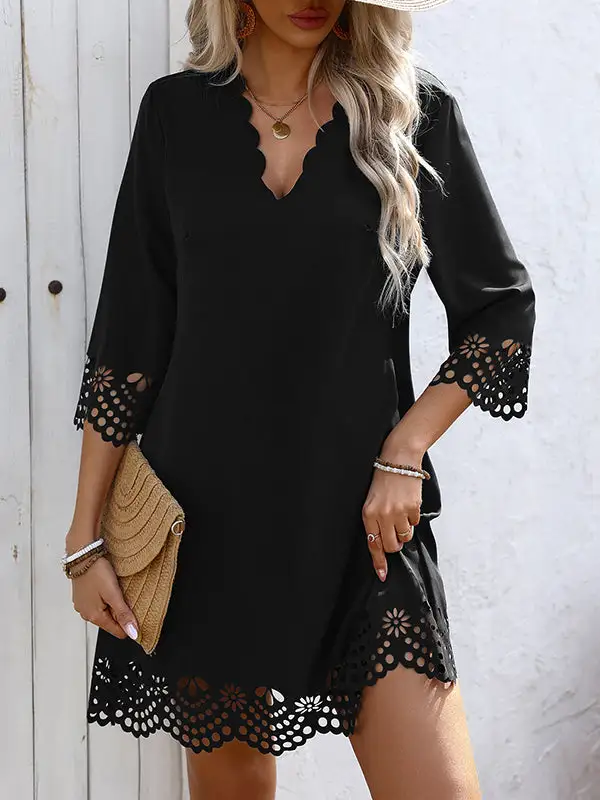 A Line Relaxed Hollow Solid Color V Neck Mini Dress