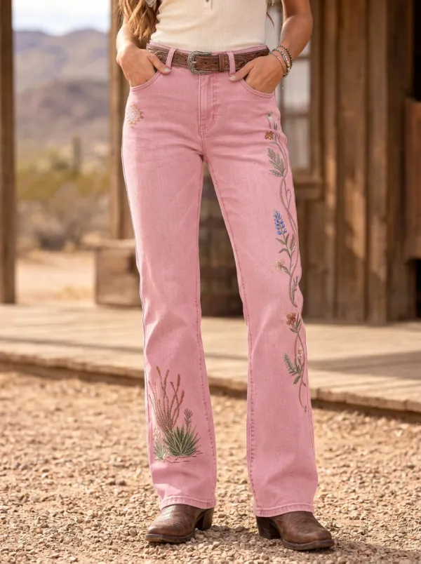 Women's Western Boho Floral Desert Cactus Embroidered Jeans