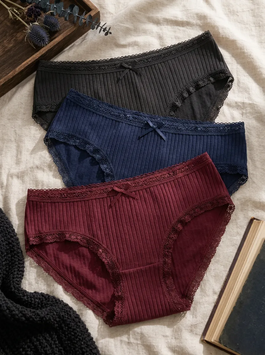 Women's Bow Detail Ribbed Lace Trim 3-Pack Panty Set