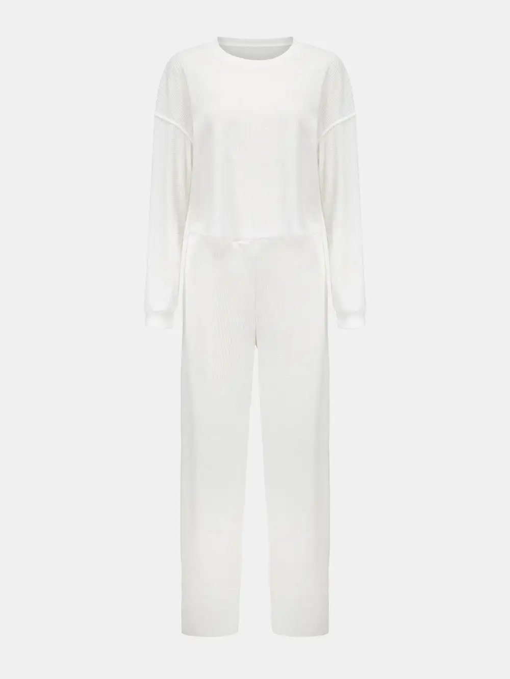 Waffle Knit Round Neck Top And Pants Set