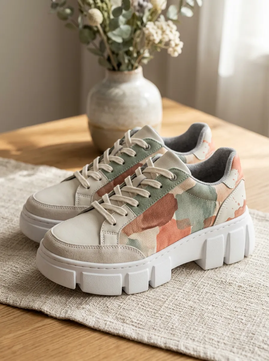 Women's Abstract Camo Earth Tone Printed Platform Sneakers