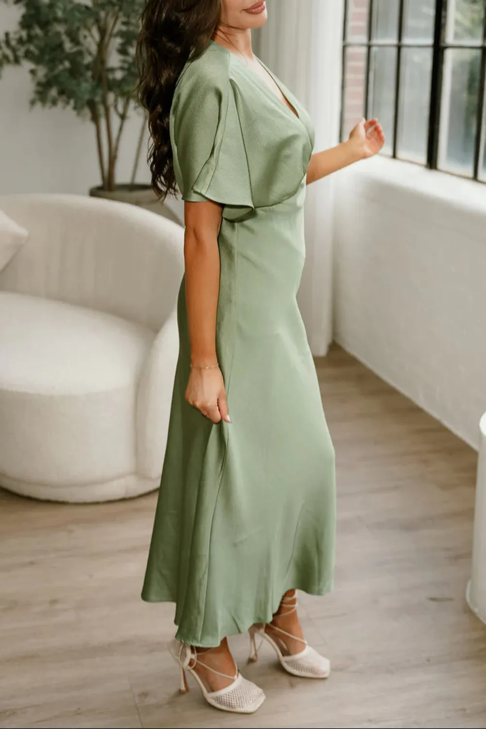 V-Neck Short Sleeve Satin Dress