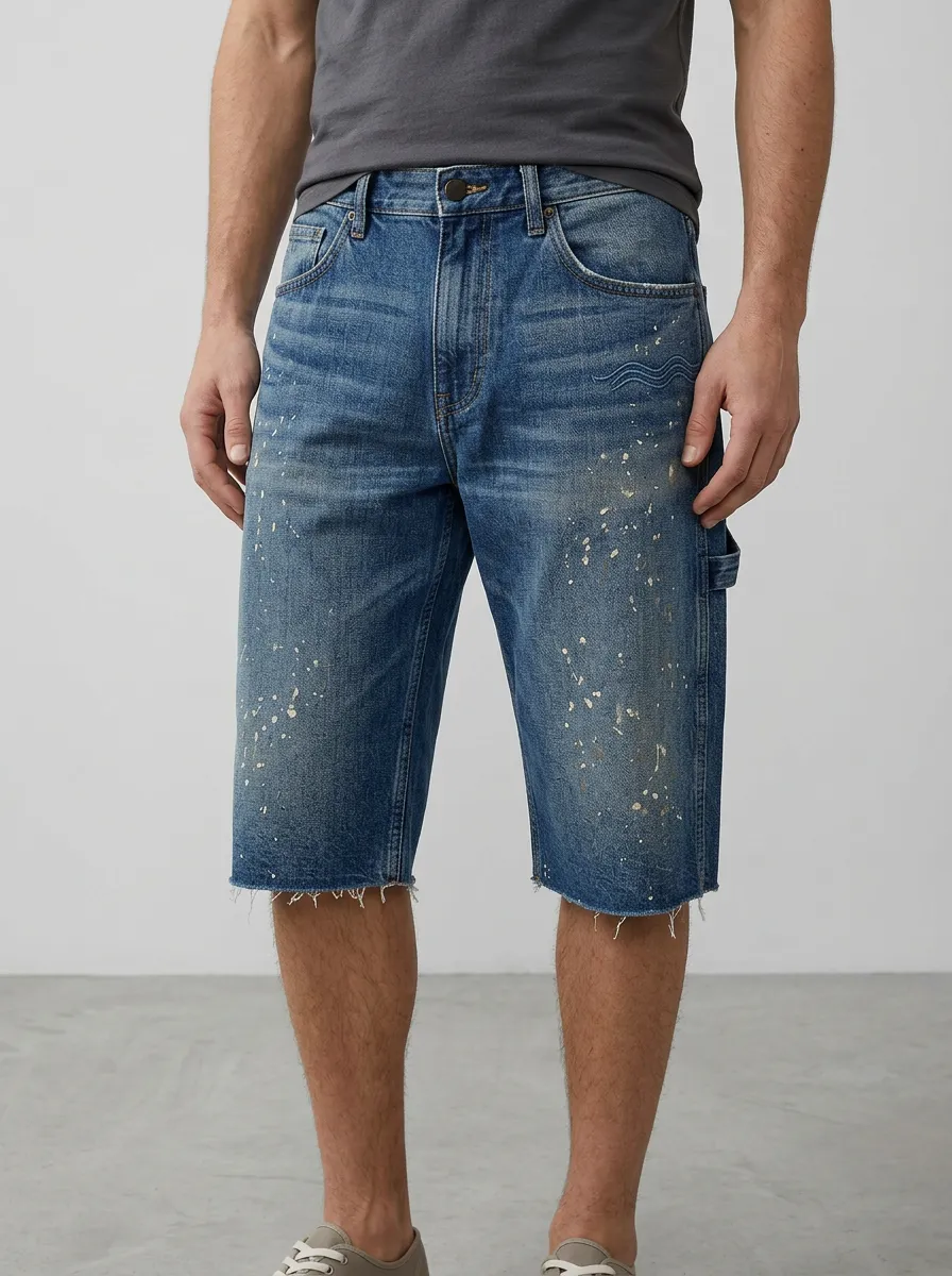 Men's Paint Splatter Distressed Raw Hem Distressed Denim Shorts