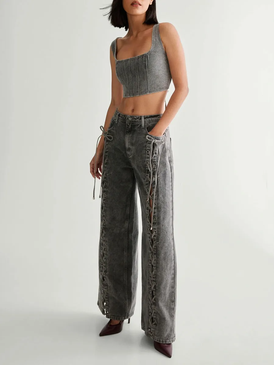 Women's Grey Side Lace-Up Wide-Leg Jeans