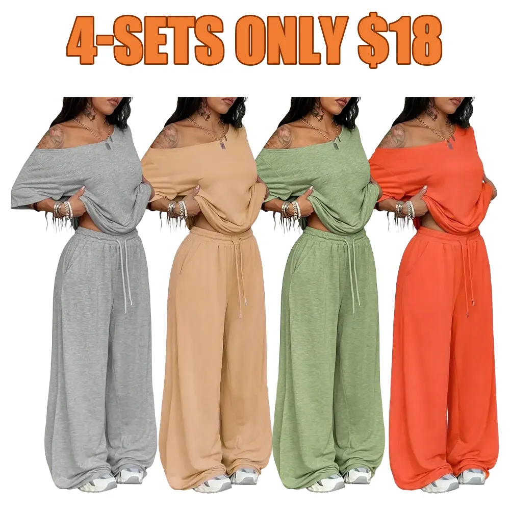 🔥Hot Sale💥Women's Off-Shoulder T-Shirt And Wide-Leg Pants Two-Piece Set🔥8-SETS- All Colors Included