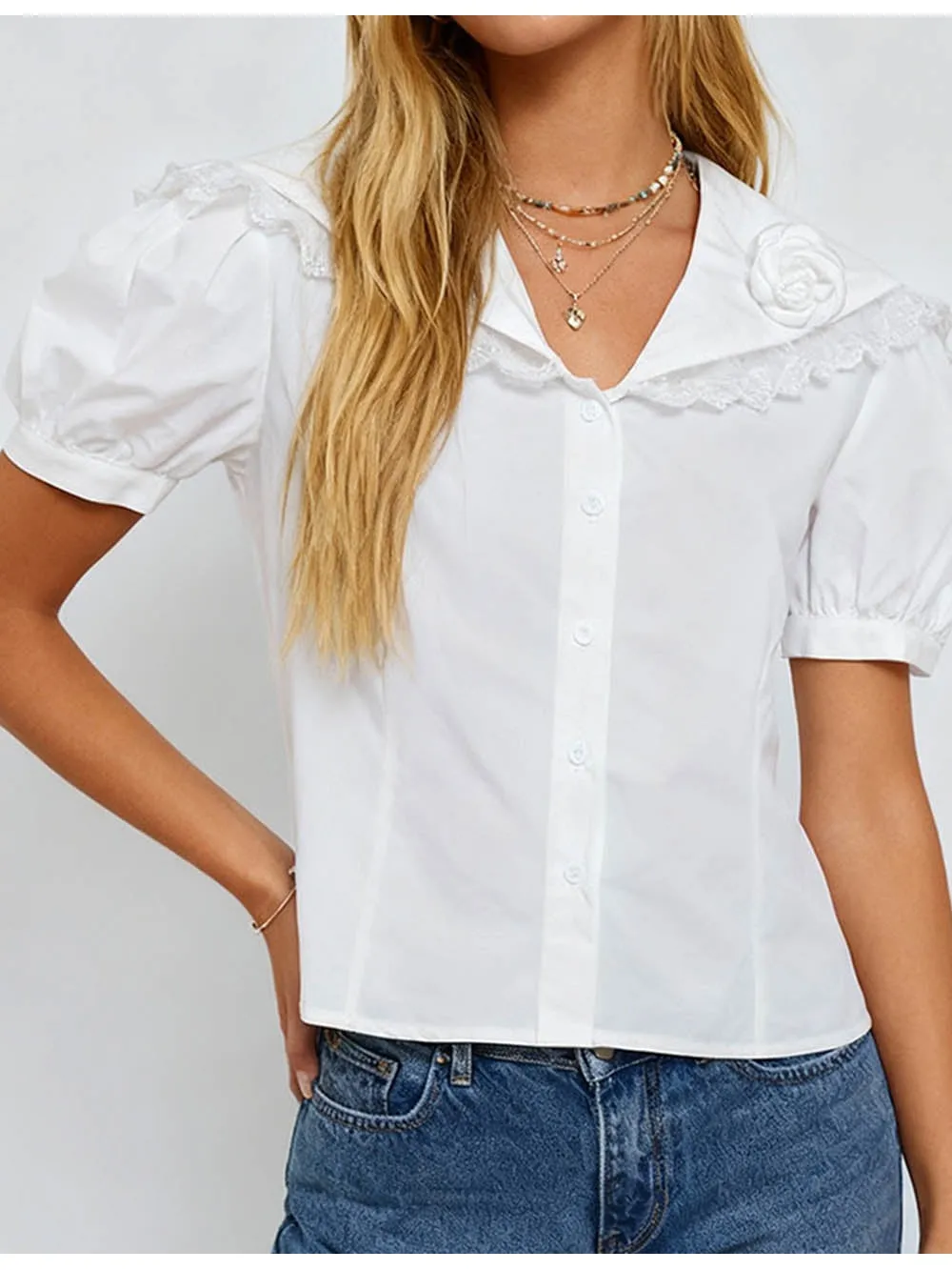 Chic Sailor Collar Lace Trim Short Sleeves Top