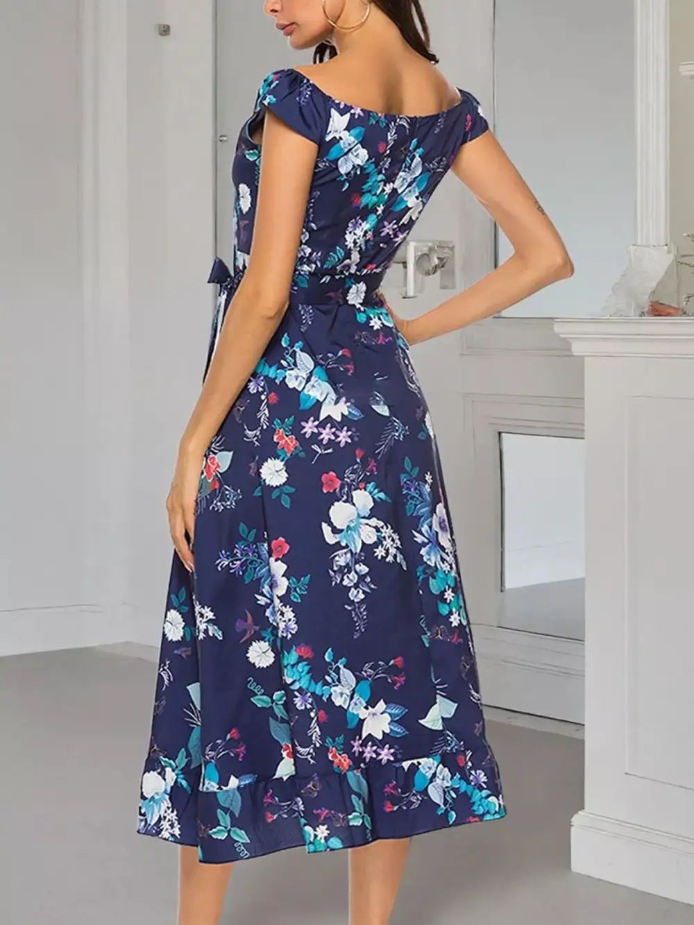 Print Off Shoulder Midi Dress