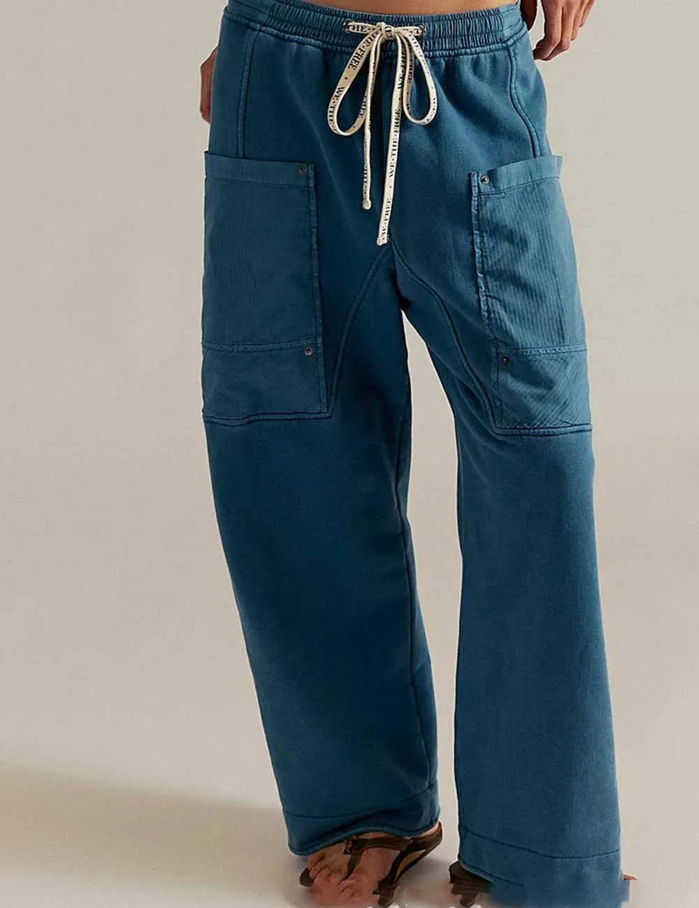 Elastic Waist Drawstring Pocket Straight Leg Denim Pants