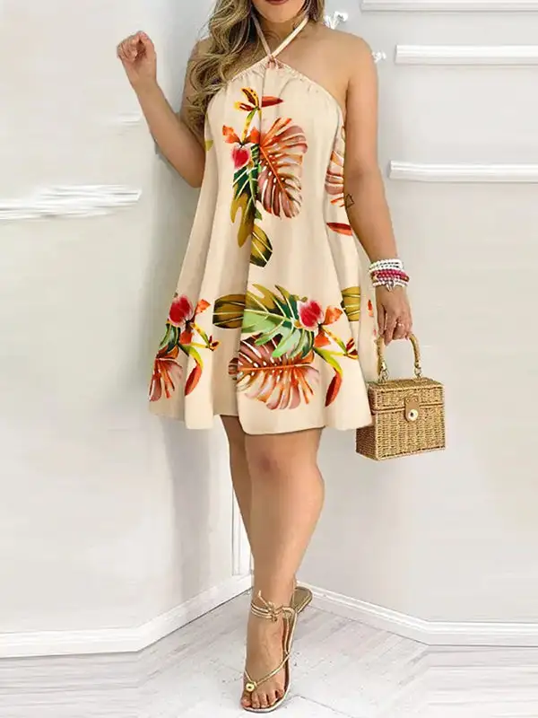 Relaxed Sleeveless Contrast Color Leaf Printed Halter Neck Mini Dress