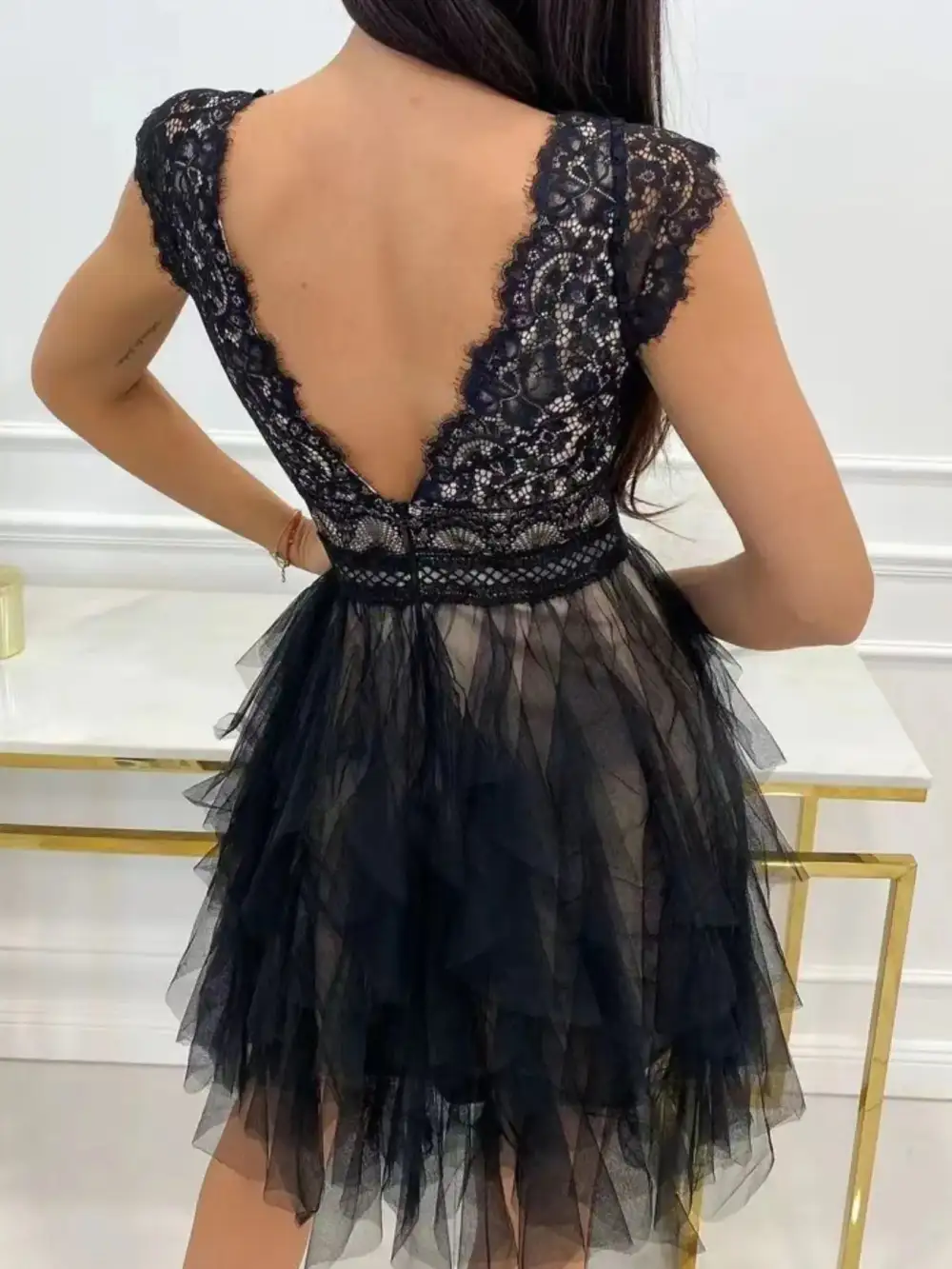 V-Neck Ruffled Lace Trim Midi Dress