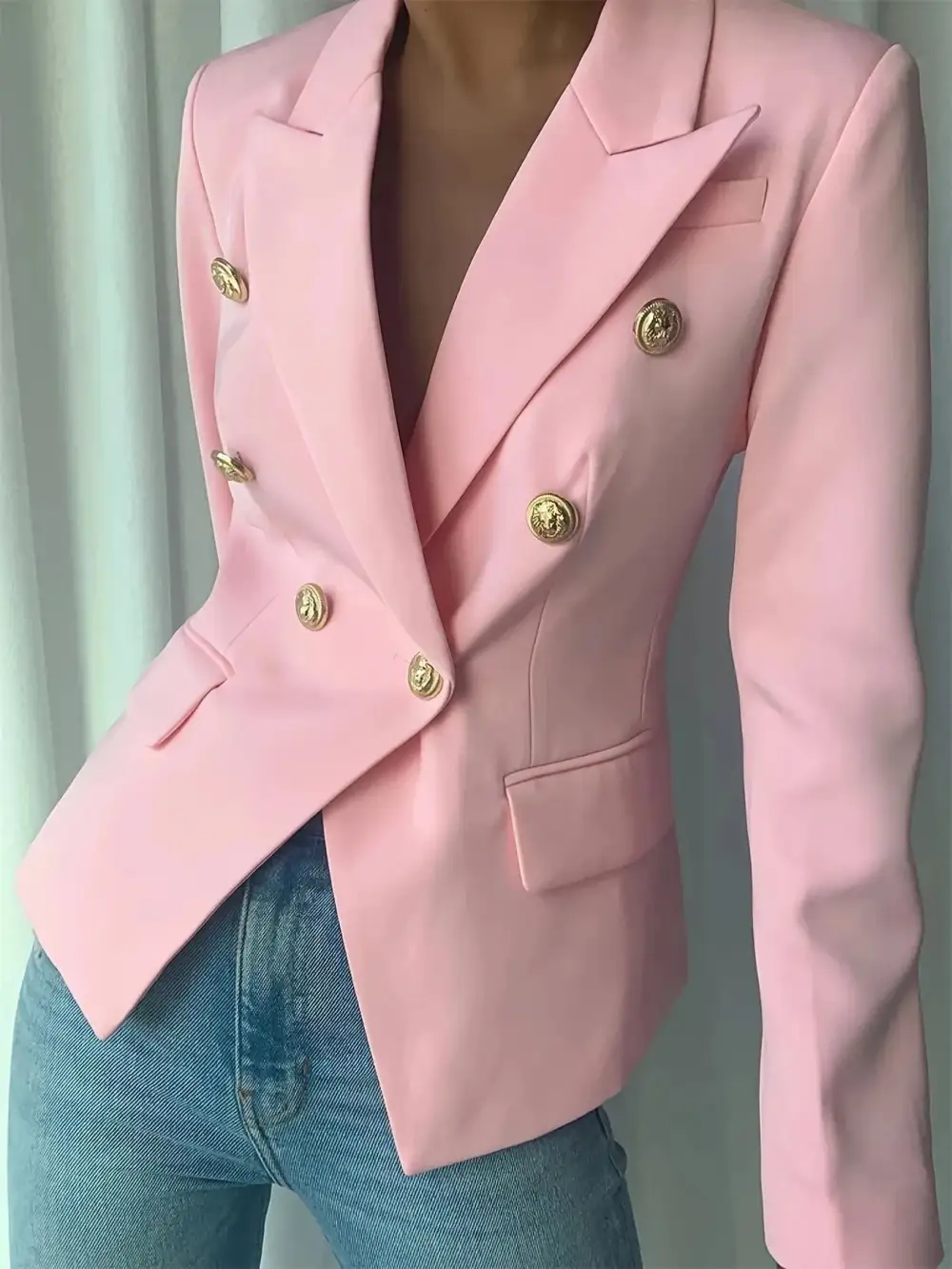 Double-Breasted Lapel-Collar Blazer