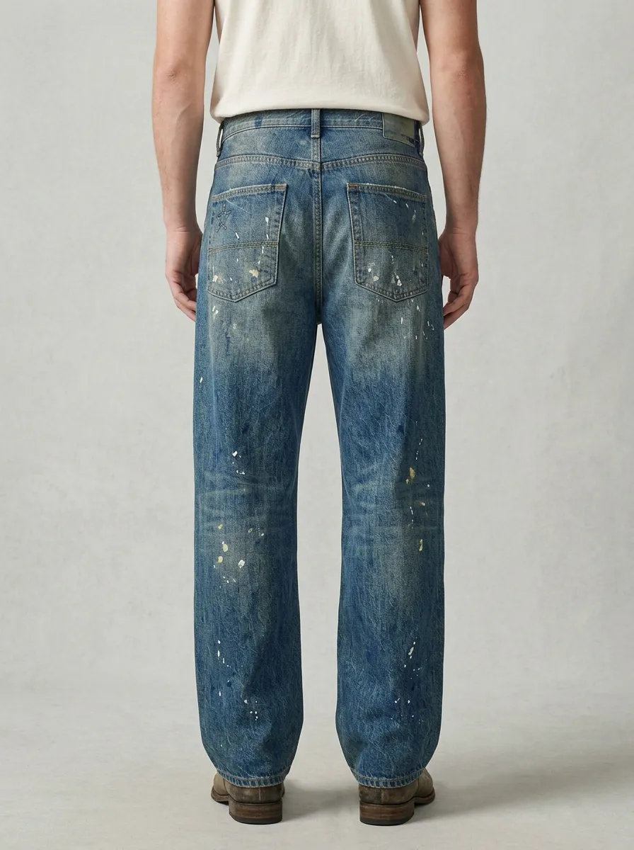 Men's Paint Splatter Distressed Embroidered Star Wide Leg Jeans