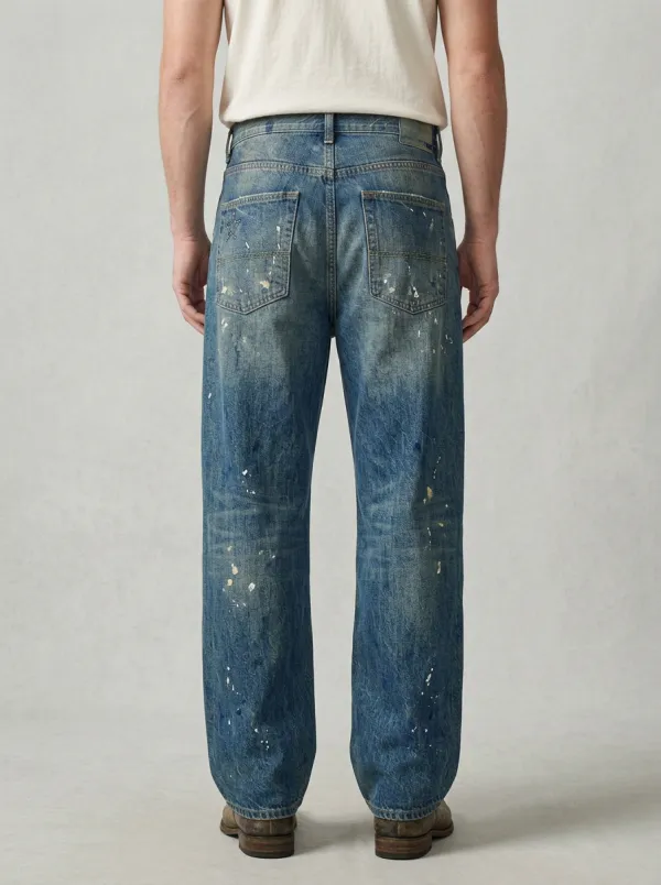 Men's Paint Splatter Distressed Embroidered Star Wide Leg Jeans