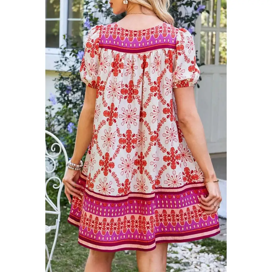 Boho Short Sleeve Tie Neck Mini Dress