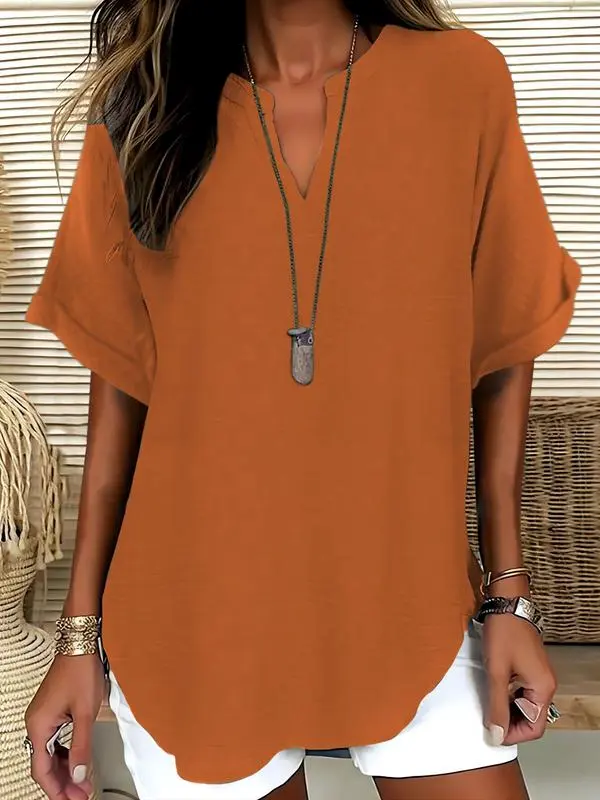 Women's Plain Notched Neck Drop Shoulder Blouse