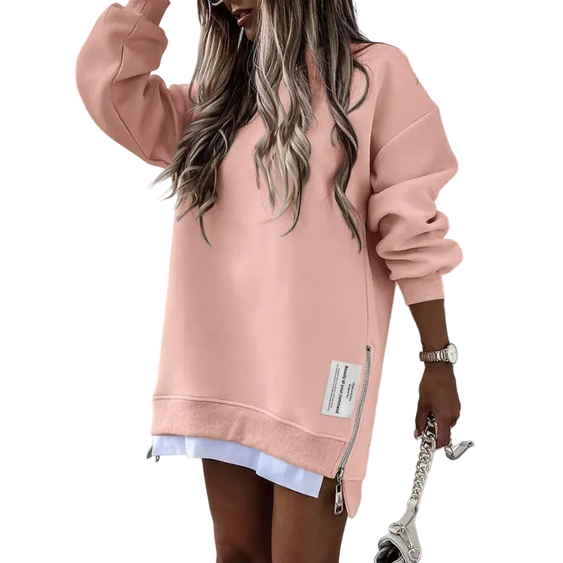 Womens Long Sleeve Pullover Sweatshirt Zipper Slit Casual Dress