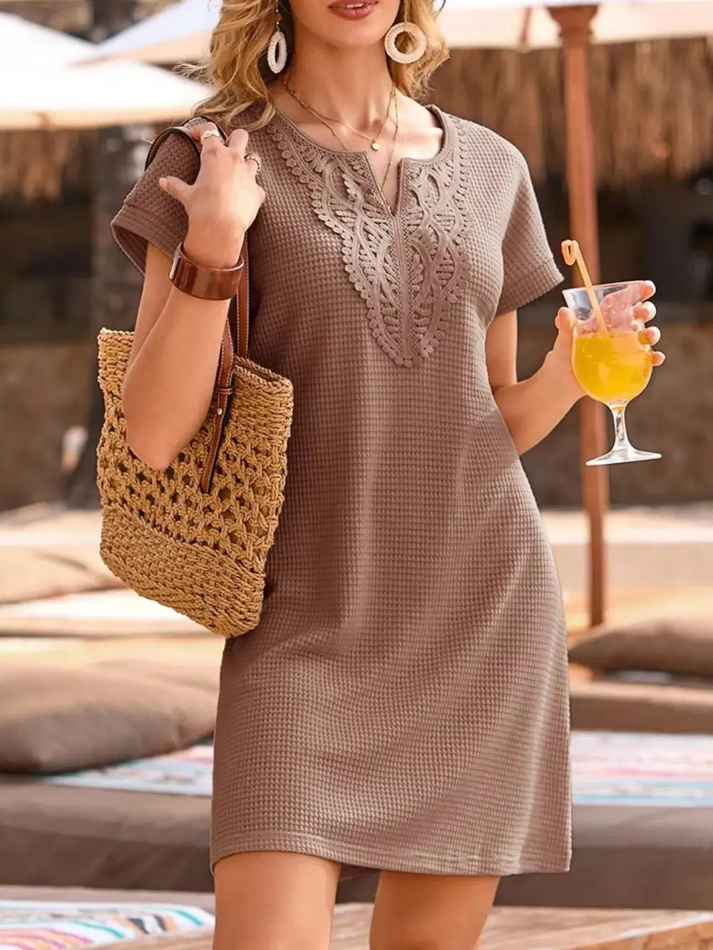 Knit Waffle Short Sleeve Sweater Dress