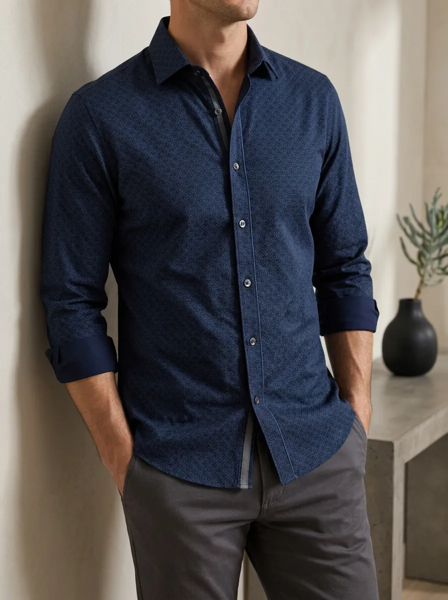 Men's Business Casual Geometric Pattern Printed Slim Fit Shirt