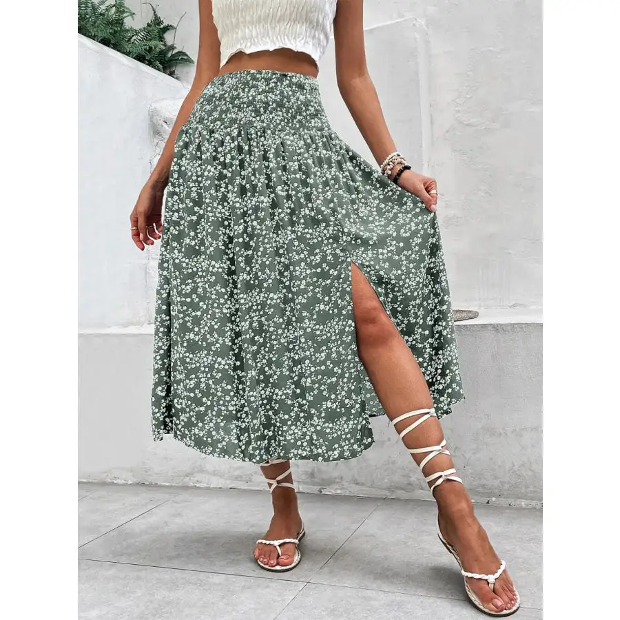 Slit Smocked Printed Skirt
