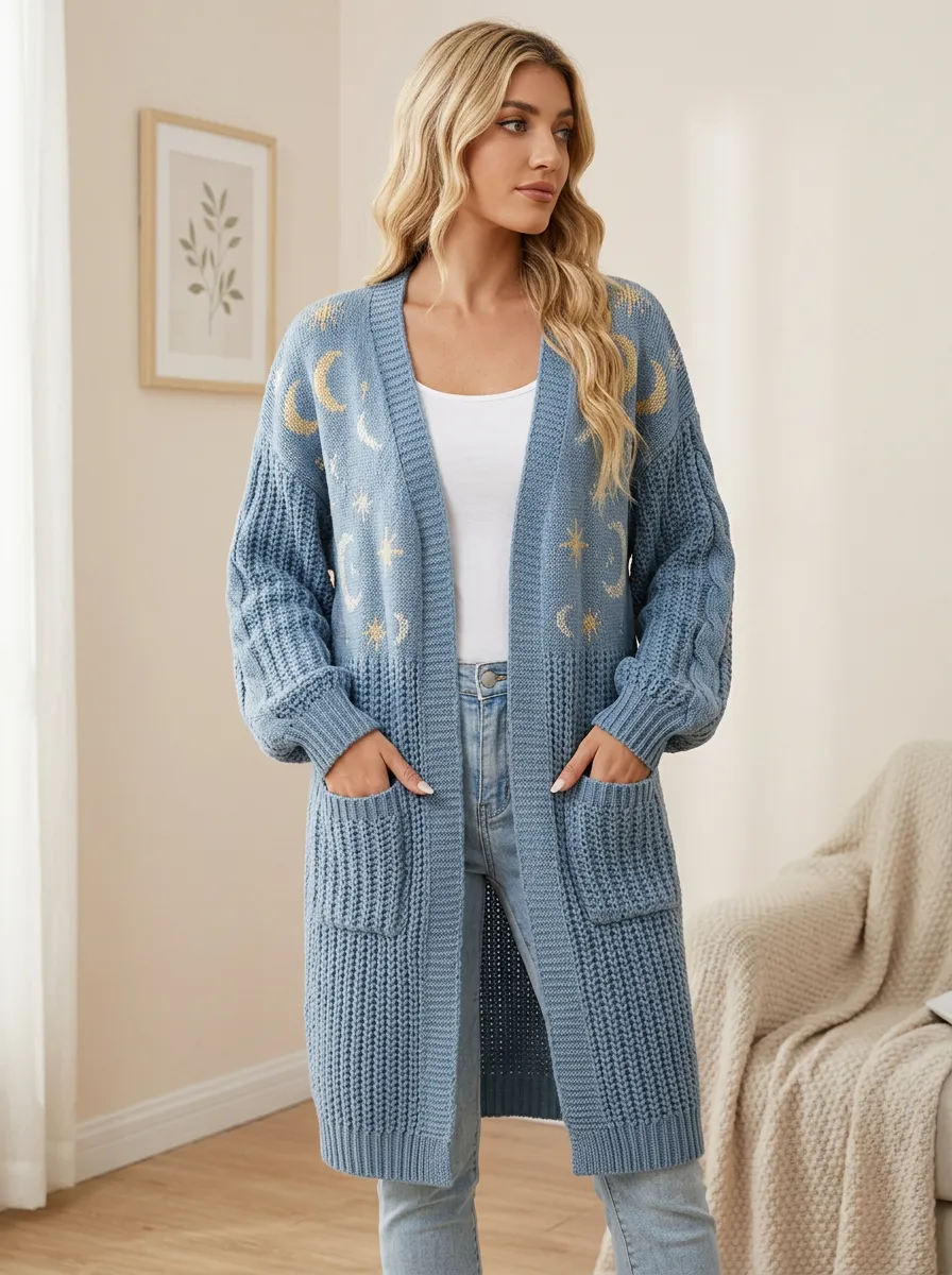 Women's Celestial Moon And Star Patterned Knit Long Cardigan